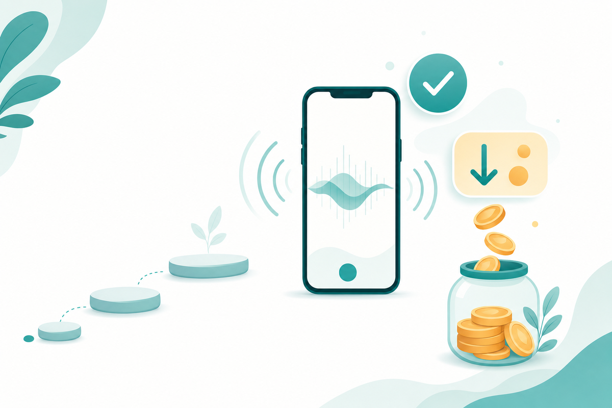 スマホの文字起こしと、値下げタグ・コインの貯金・小さな一歩から始める階段を描いた、ムダなく始めるイメージ