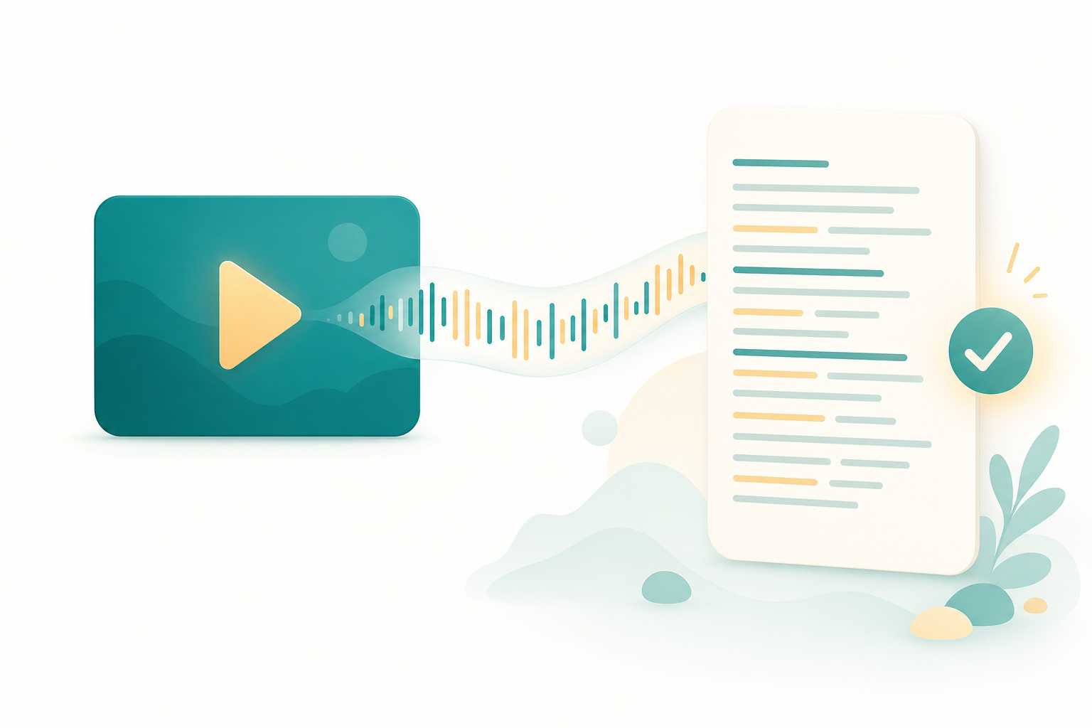 1本の動画ファイルから音声の波形がすっと抜き出され、整ったテキストへ変わっていくイラスト。YouTubeの再生画面と手元のmp4ファイルが左右に並ぶ