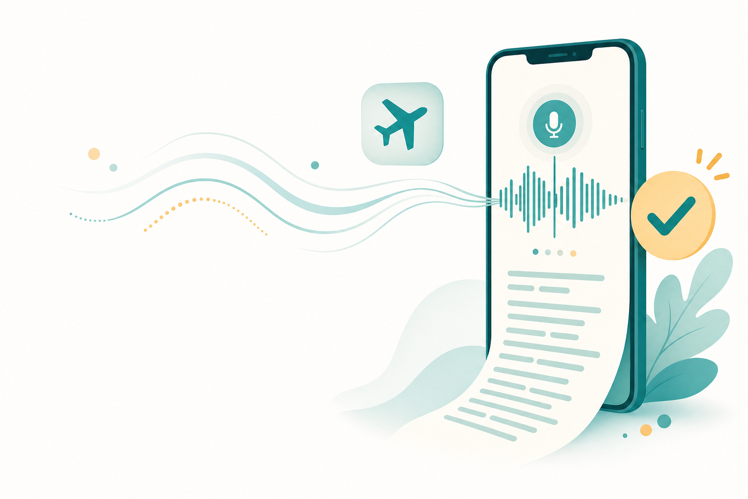 iPhoneのボイスメモの音声波形が文字起こしのテキストに変わり、そばに機内モードの飛行機アイコンとチェックマークが添えられた、オフラインでも動くことを表すイラスト